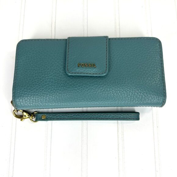 FOSSIL Madison Clutch Wristlet Wallet Leather Pebble Teal Blue Green Zip Around - Picture 1 of 8